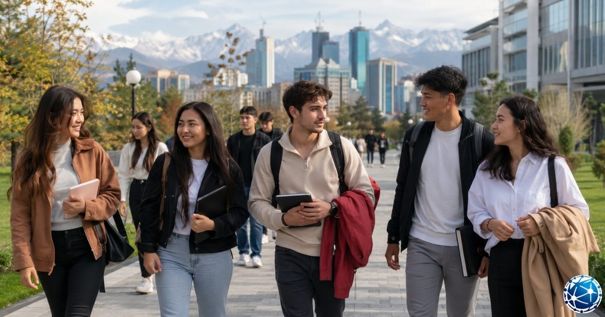 Kazakistan’da modern bir üniversite kampüsünde yürüyen ve sohbet eden Türk ve uluslararası öğrenciler.