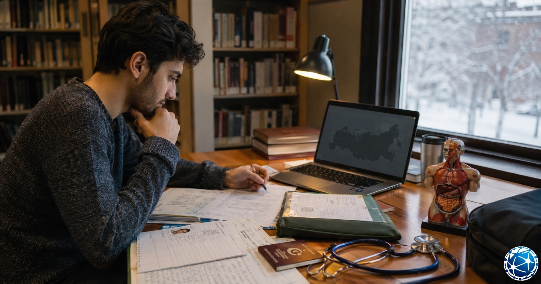 Rusya’daki tıp üniversitelerini araştıran Türk öğrenci, çalışma masasında laptop, pasaport ve başvuru belgeleriyle seçim yapıyor.
