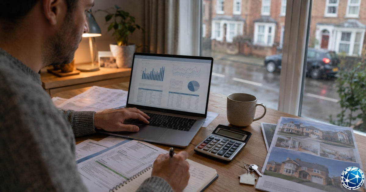 İngiltere’de ev almak isteyen bir alıcı, mortgage oranlarını ve aylık ödeme planını laptop ve belgeler üzerinden hesaplıyor.