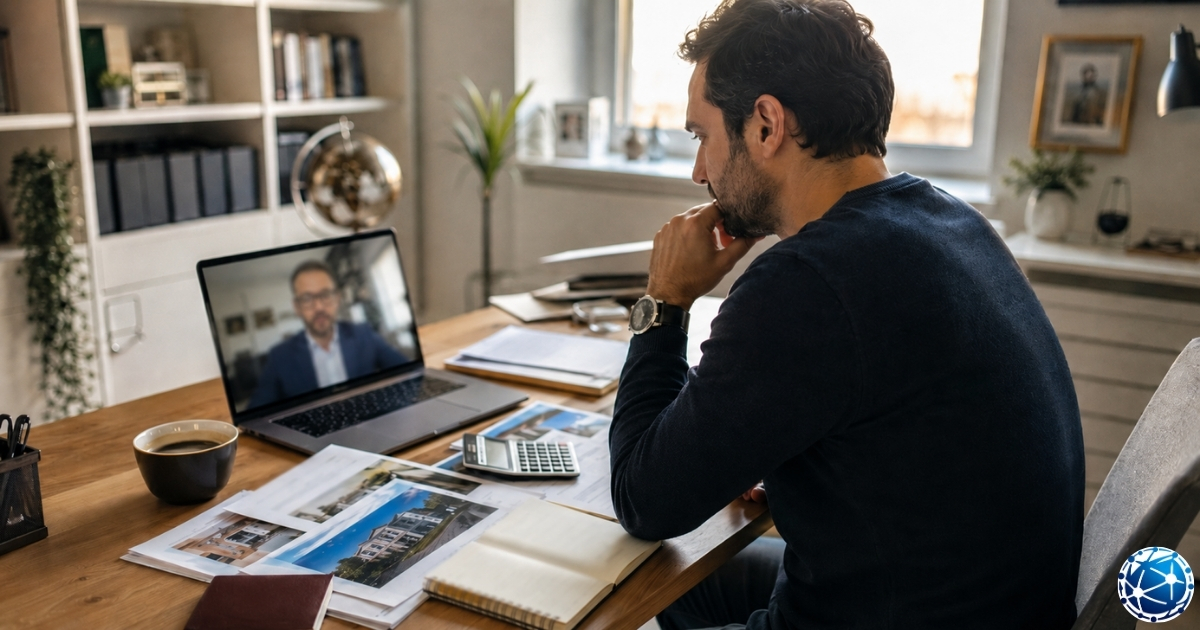 İngiltere’de ikamet etmeyenler için mortgage ve avukat sürecinde, yabancı alıcı uzaktan belge inceleyerek online hukuki görüşme yapıyor.