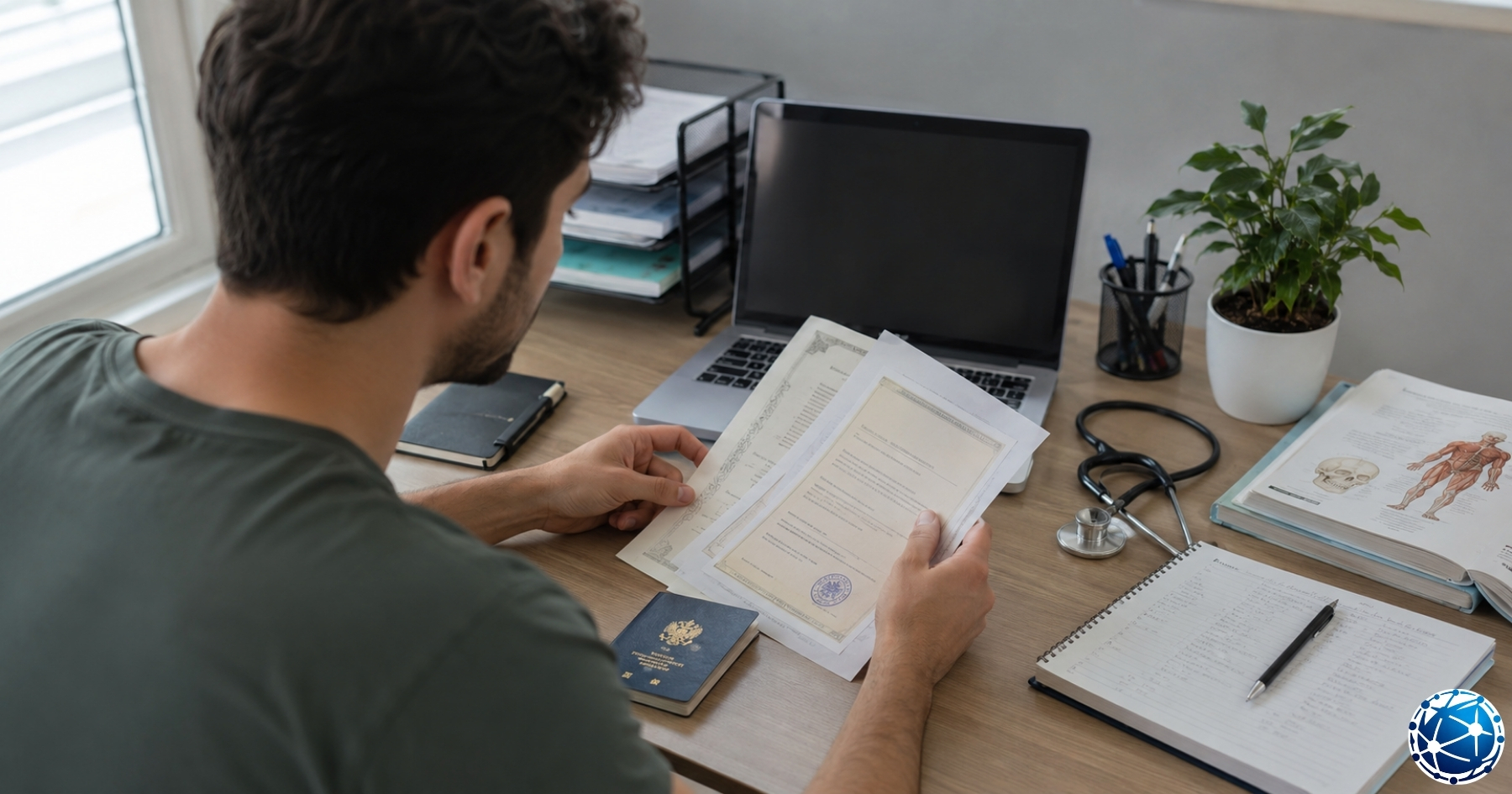 Almanya’da doktor ve hemşire denklik süreci için diploma, transkript, mesleki belgeler ve Almanca evraklar çalışma masasında hazırlanıyor.