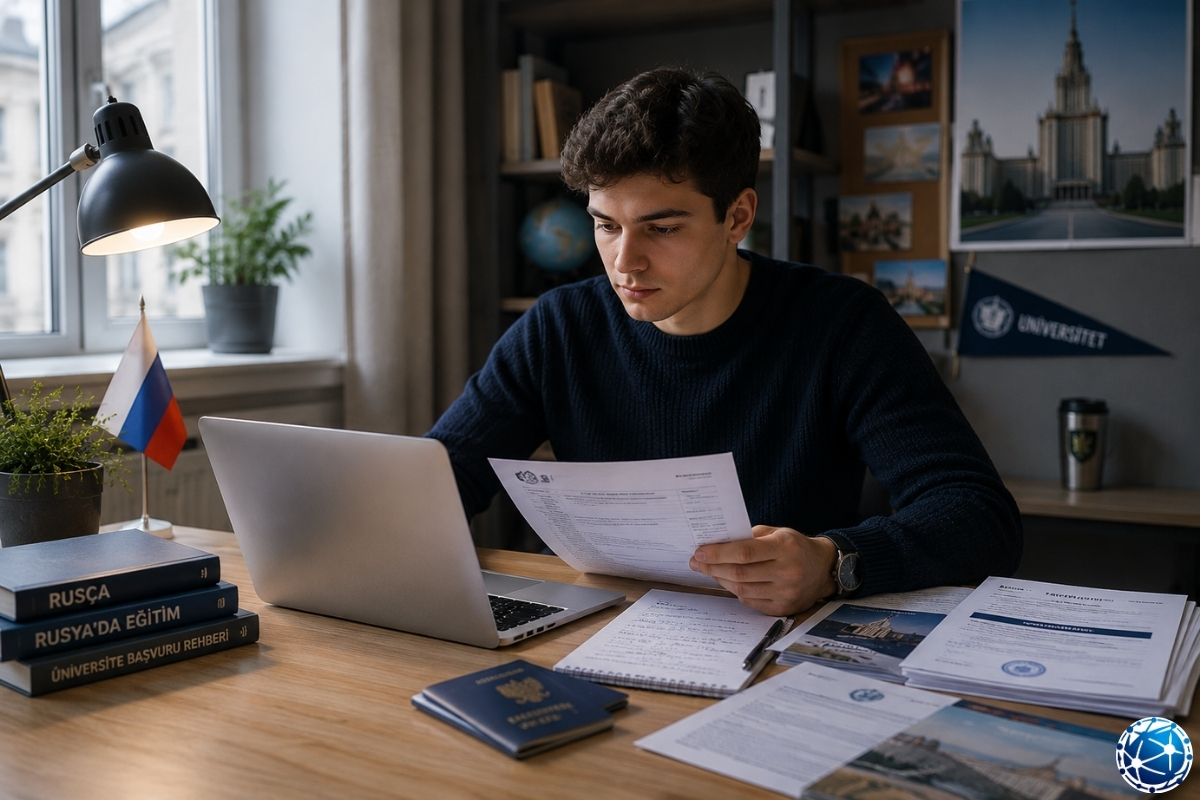 Rusya üniversite başvurusu için pasaport, diploma, transkript, denklik belgeleri, hazırlık programı ve öğrenci vizesi evrakları çalışma masa
