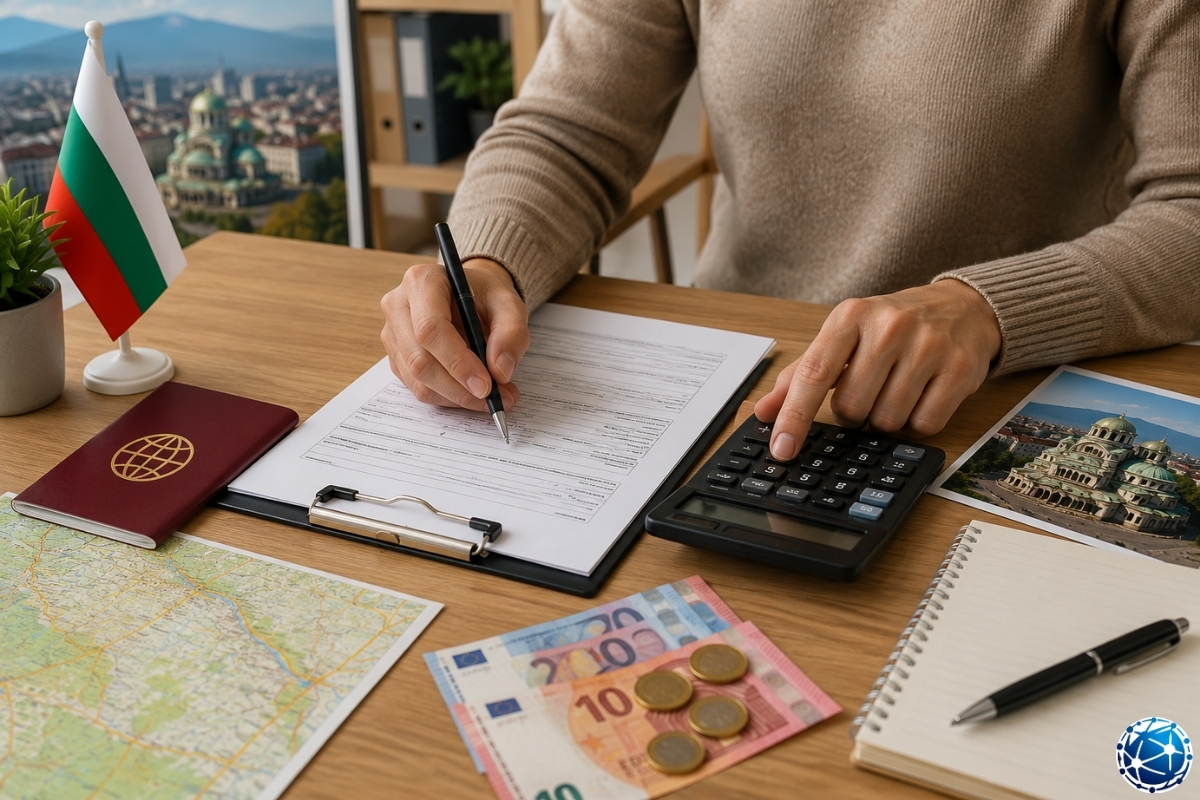 Bulgaristan vize başvurusu için pasaport, vize formu, Bulgaristan bayrağı, seyahat planı ve başvuru ücretleri çalışma masasında inceleniyor.