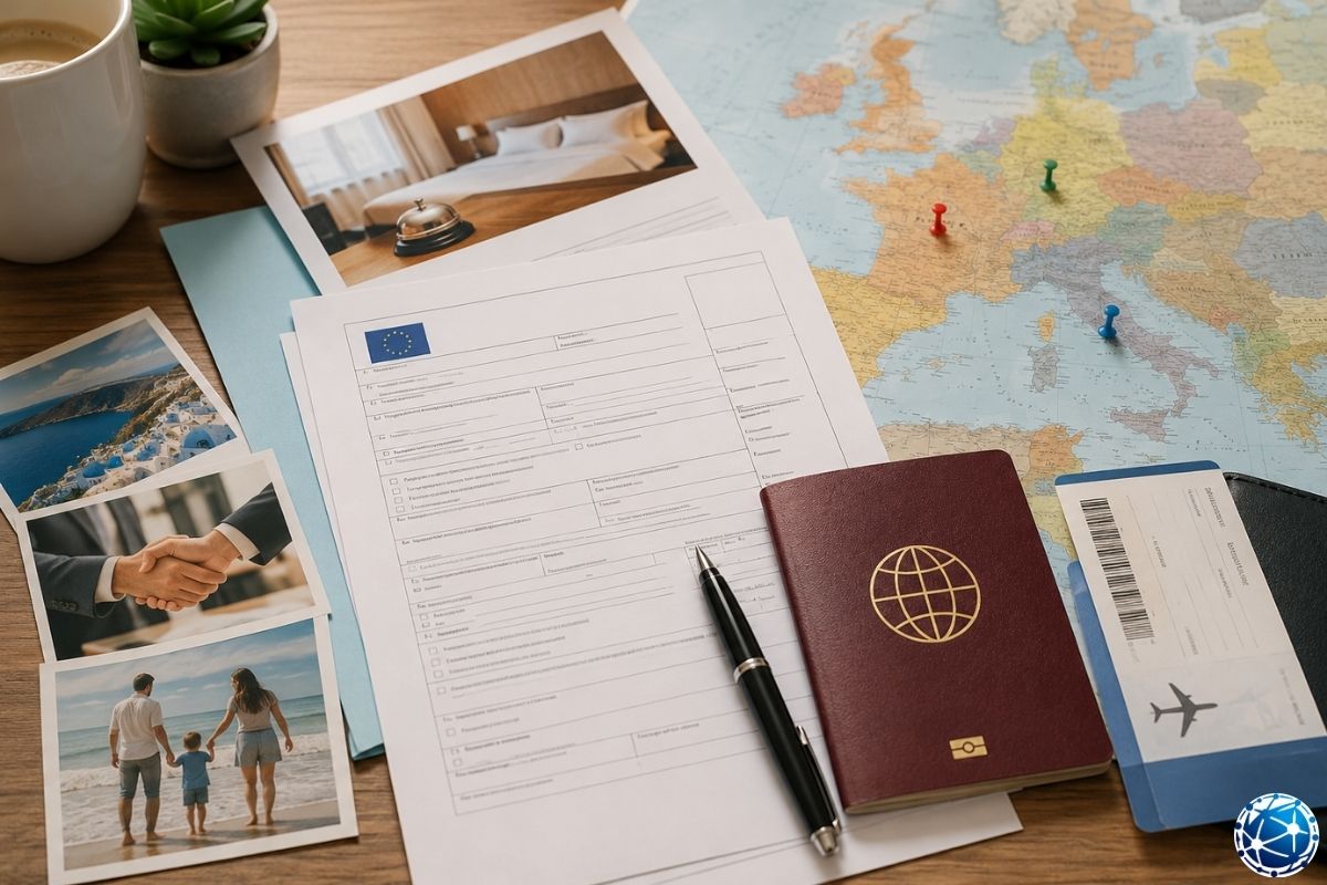 Schengen vize başvurusu için turistik vize, ticari vize, aile ziyareti vizesi, pasaport, başvuru formu ve Avrupa seyahat planı hazırlanıyor.