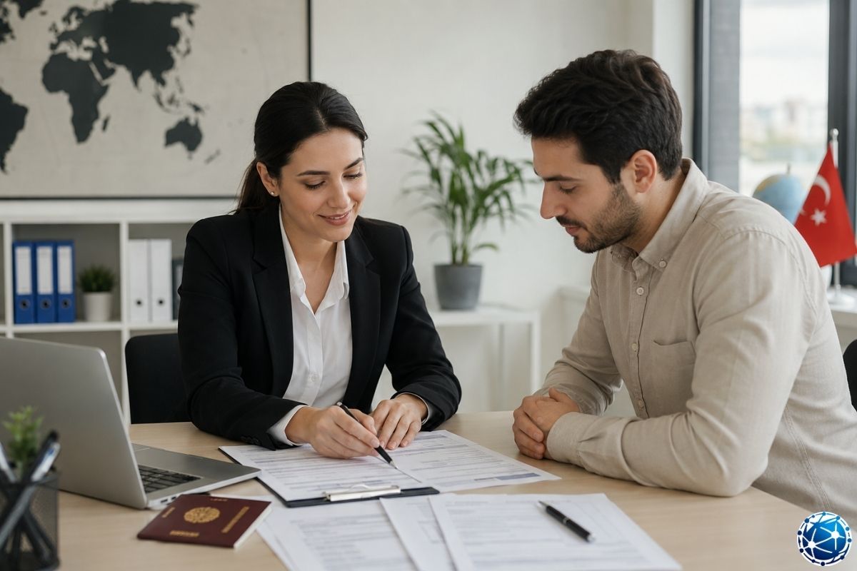 Vize danışmanı, başvuru sahibine vize evrakları, başvuru formu, seyahat amacı ve randevu süreci hakkında bilgilendirme yapıyor.
