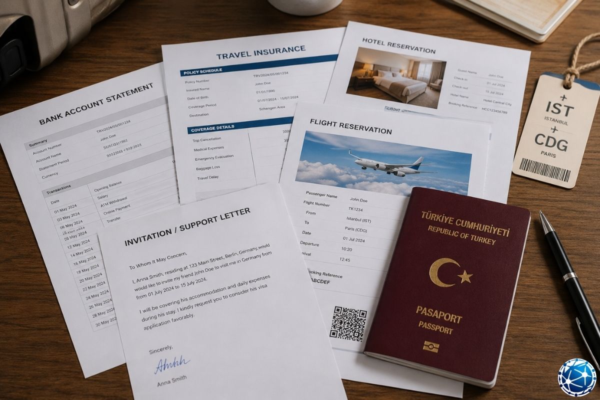 Schengen vize başvurusu için banka hesap dökümü, davet mektubu, seyahat sağlık sigortası, konaklama rezervasyonu ve pasaport belgeleri incel