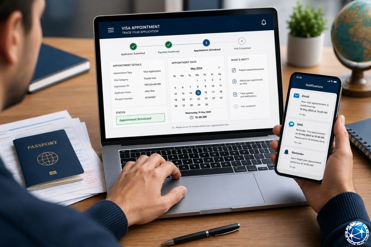 Vize başvurusu için online randevu takibi yapan kişi, bilgisayar ve telefon üzerinden başvuru durumu, e-posta bildirimi ve randevu onayını i