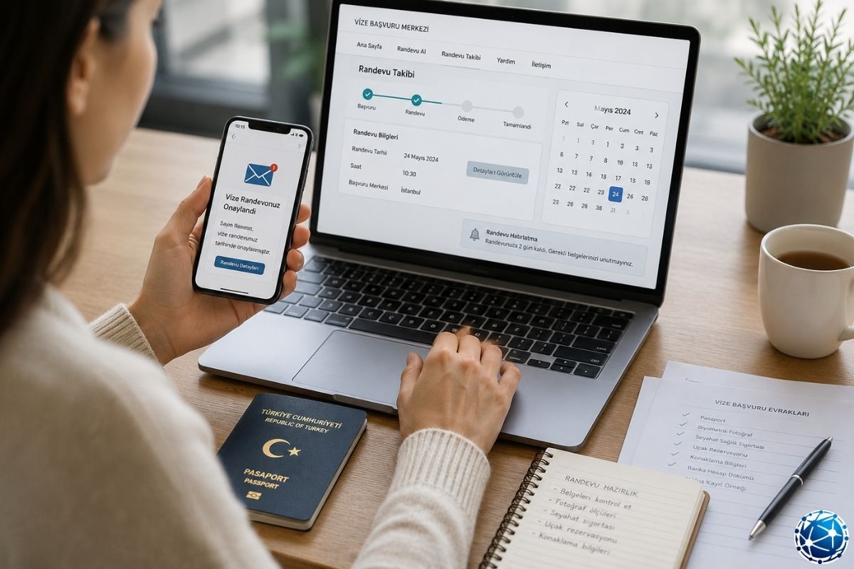 Vize başvurusu öncesi online randevu onayı, pasaport, evrak listesi, başvuru formu ve dijital takip ekranı kontrol ediliyor.