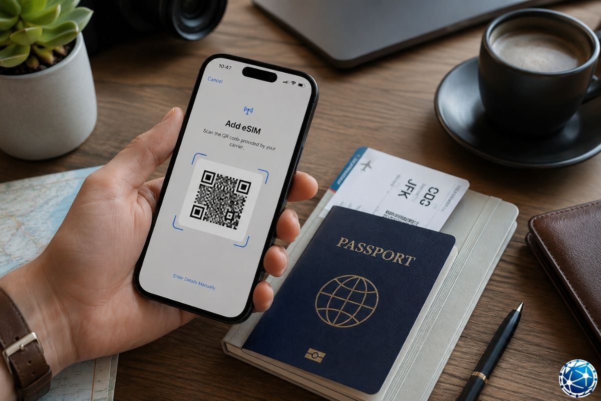 Yurt dışı seyahat öncesi telefona QR kod ile eSIM yükleme işlemi, pasaport, uçak bileti ve seyahat hazırlığı belgeleriyle birlikte gösterili