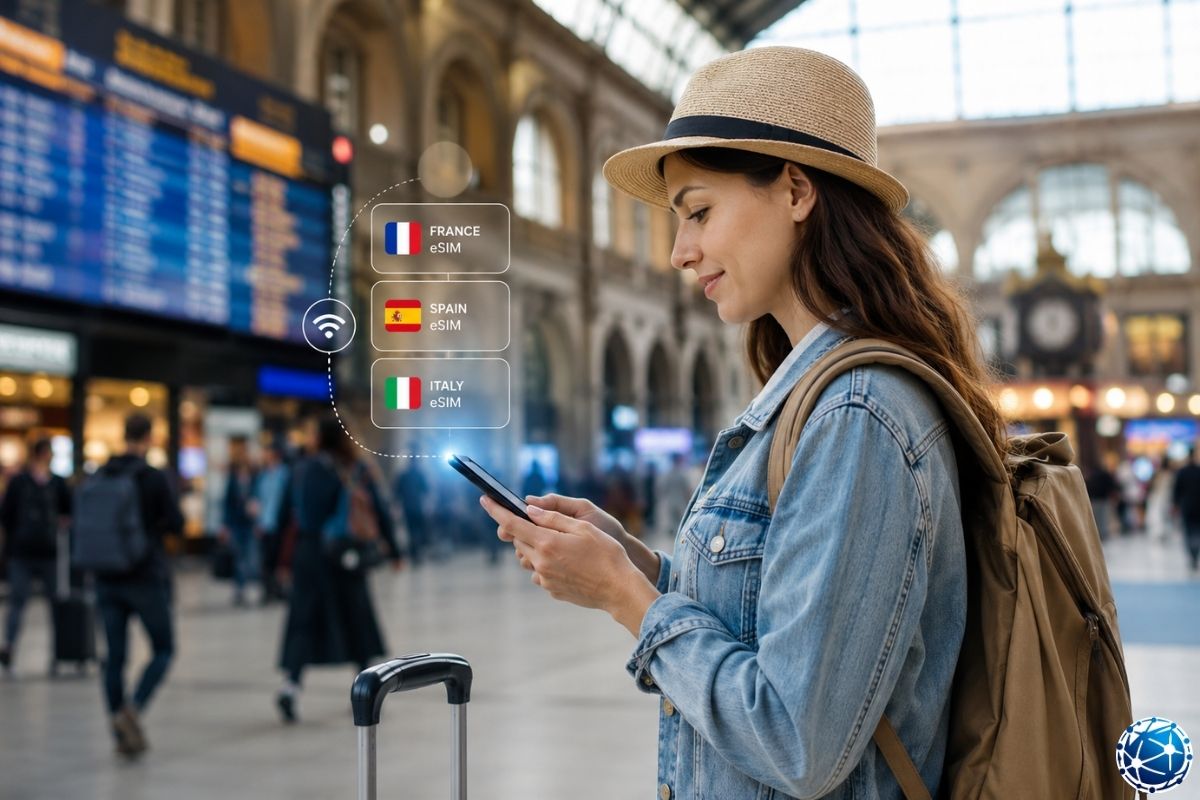 Avrupa seyahatinde eSIM kullanan yolcu, fiziksel SIM kart almadan Fransa, İspanya ve İtalya için mobil internet bağlantısını telefonundan yö
