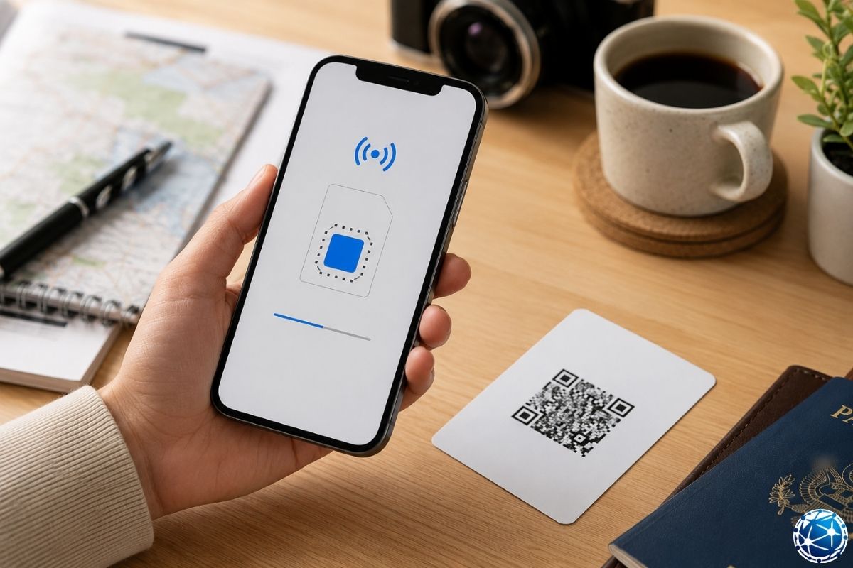 eSIM destekli telefonda QR kod ile dijital SIM kurulumu yapılırken pasaport, seyahat belgeleri ve yurt dışı internet hazırlığı gösteriliyor.