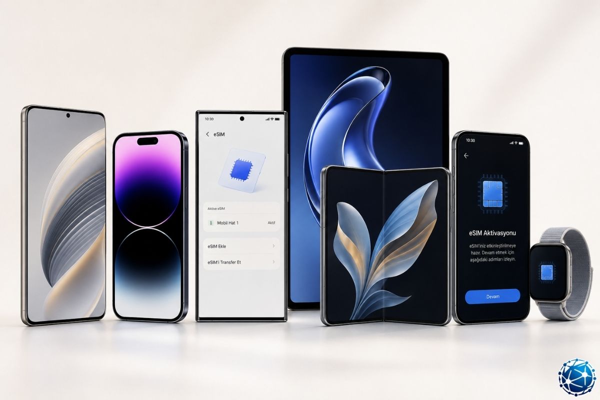 eSIM uyumlu telefonlar, katlanabilir cihazlar, tabletler ve akıllı saatlerde dijital SIM aktivasyonu ve mobil bağlantı seçenekleri görüntüle