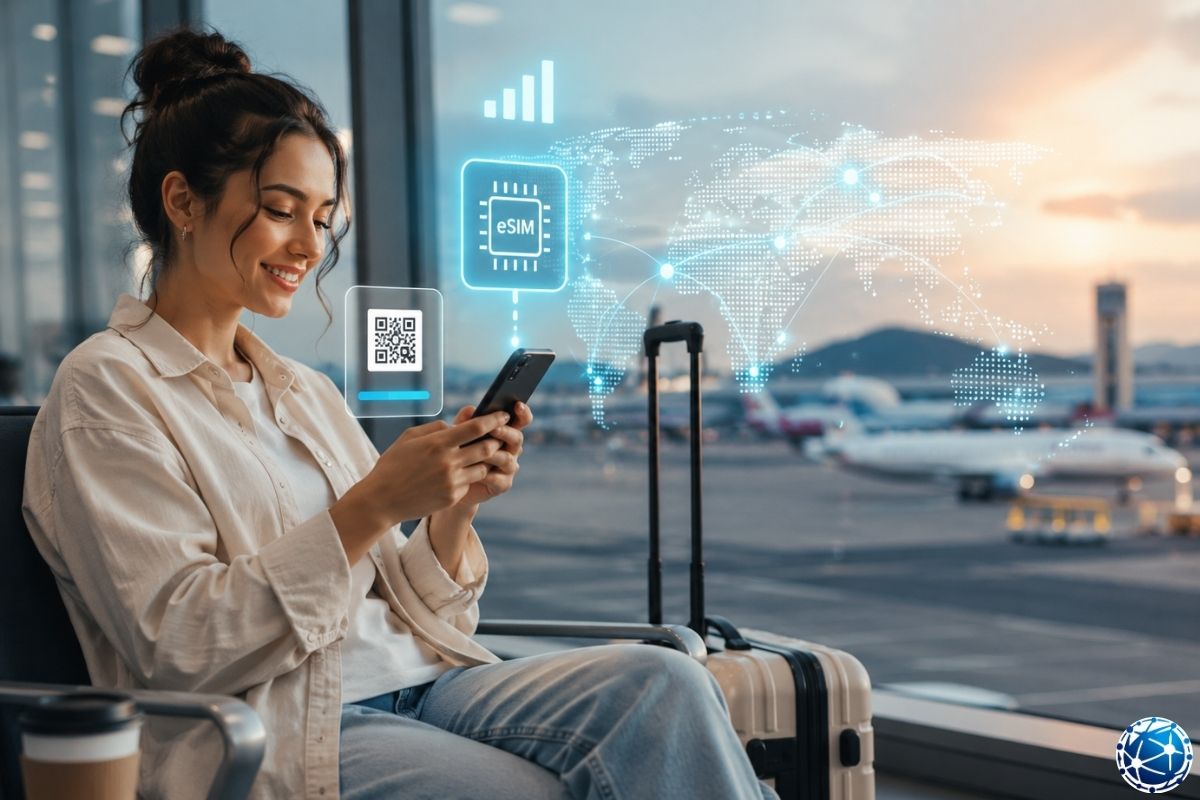 Yurt dışı seyahatinde eSIM kullanan yolcu, havalimanında telefonundan dijital SIM bağlantısını kontrol ederek internet erişimini hazırlıyor.