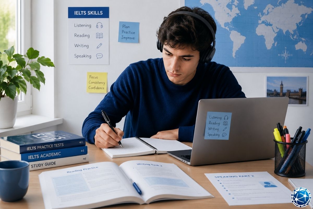 IELTS Listening, Reading, Writing ve Speaking bölümlerine çalışan öğrenci