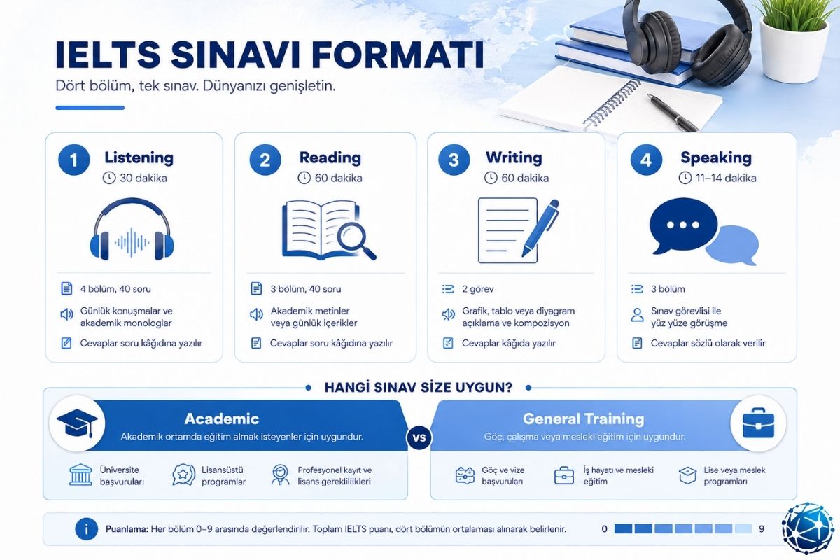 IELTS sınav formatı, bölüm süreleri ve Academic ile General Training karşılaştırması