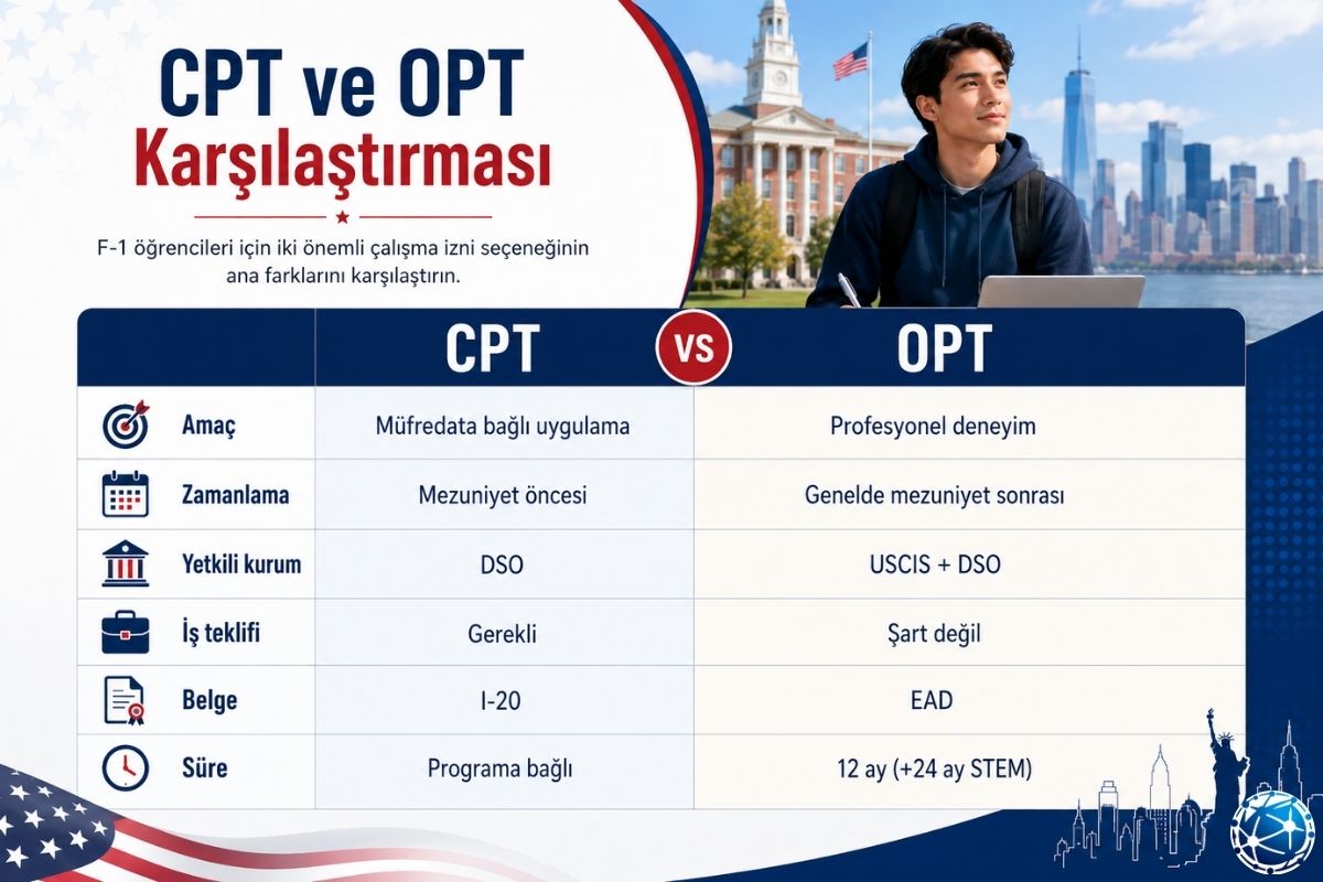 CPT ve OPT arasındaki amaç, zamanlama, belge ve başvuru farklarını gösteren karşılaştırma