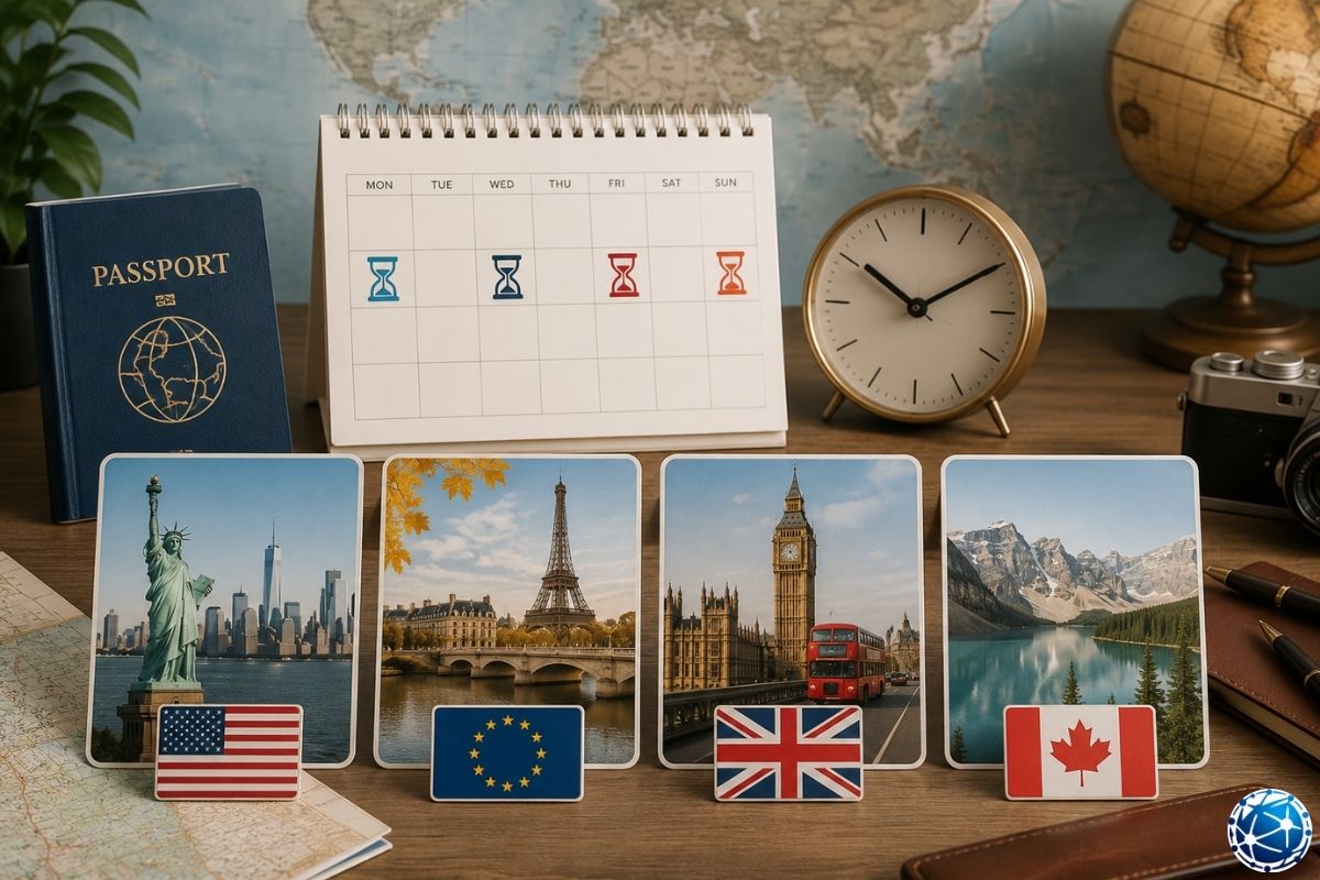 ABD, Schengen, İngiltere ve Kanada vize süreleri için pasaport, ülke görselleri, takvim, saat ve seyahat planlama belgeleri karşılaştırılıyo