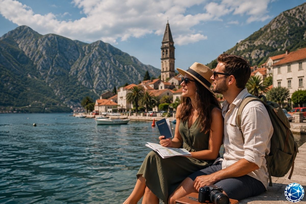 Karadağ sahilinde tatil yapan turistler, Kotor Körfezi manzarası eşliğinde pasaport, harita ve seyahat planı ile yeni vize sürecini değerlen