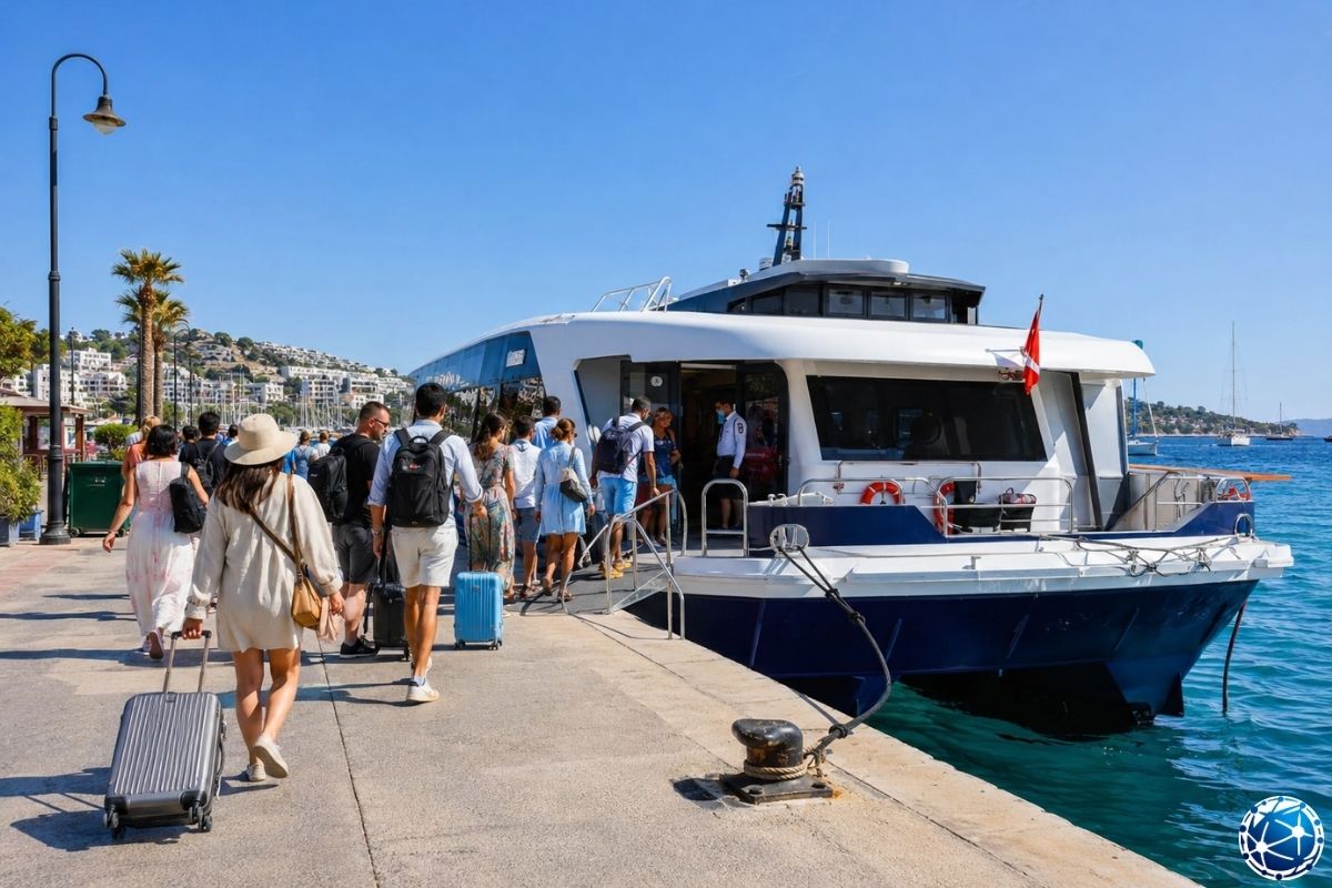 Yunanistan adalarına feribotla geçiş için yolcular limanda valizleriyle katamarana binerken Bodrum ve Ege kıyısı atmosferi görülüyor.