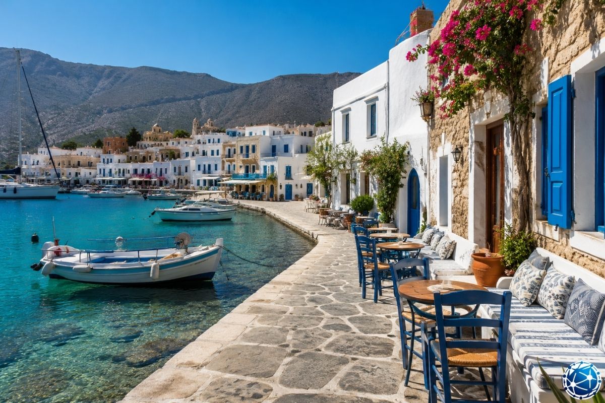 Kos, Kalymnos ve Leros adaları için beyaz evler, mavi pencereler, liman, tekneler ve berrak Ege Denizi manzarası gösteriliyor.