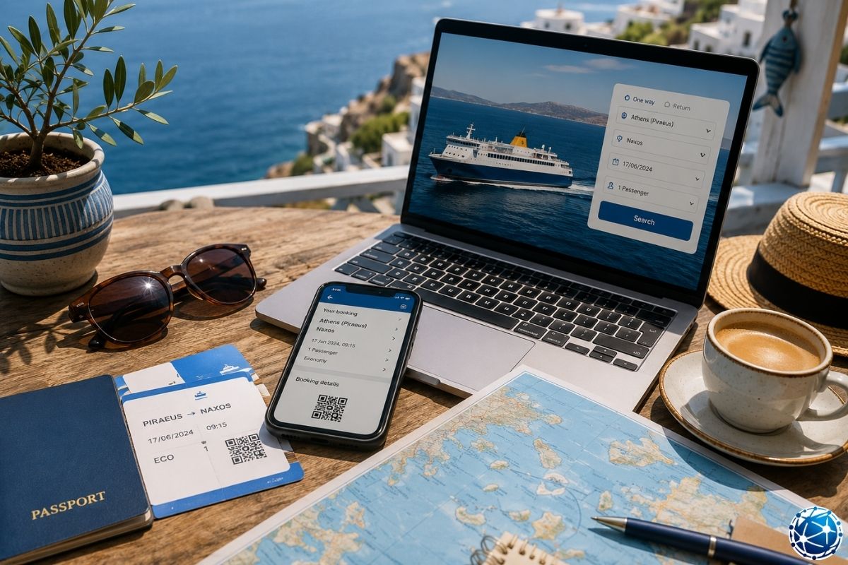 Yunanistan adaları seyahati planlayan yolcular için pasaport, feribot bileti, online bilet ekranı, harita ve Ege rotaları hazırlanıyor.