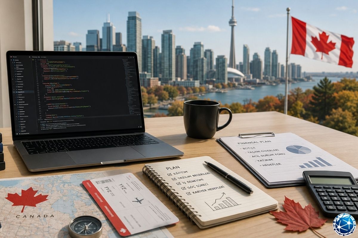 Kanada’da yazılımcı olmak isteyen kişi, Toronto manzarası eşliğinde yazılım eğitimi, iş deneyimi, göç süreci ve kariyer hedeflerini planlıyo