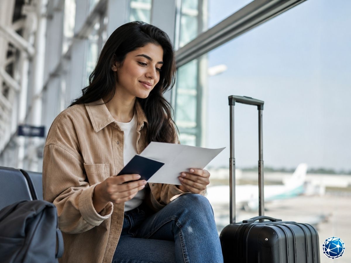 İngiltere’ye eğitim yolculuğu öncesinde pasaport ve belgelerini kontrol eden öğrenci