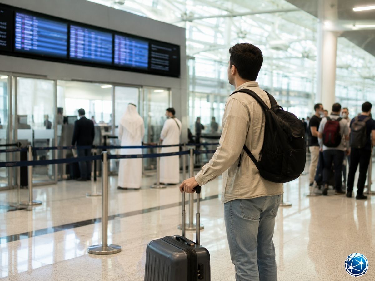Dubai havalimanında pasaport kontrolü sırasını bekleyen yolcu