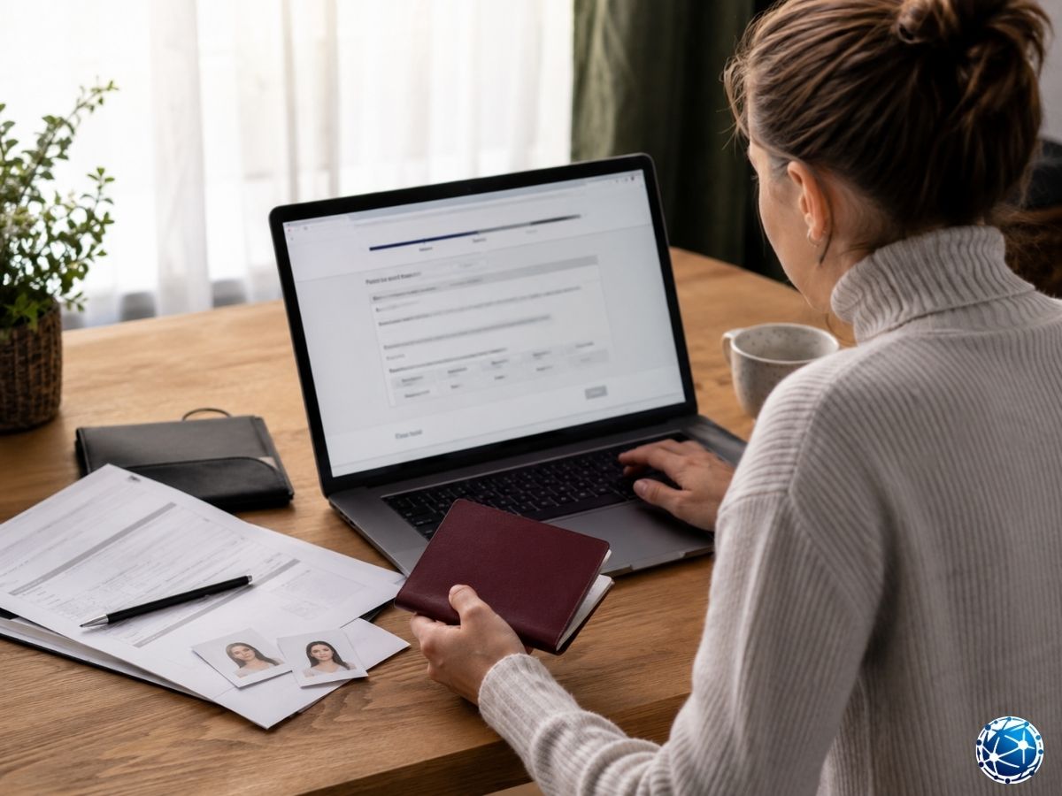 Dubai vizesi için pasaport, fotoğraf ve başvuru formunu hazırlayan kadın