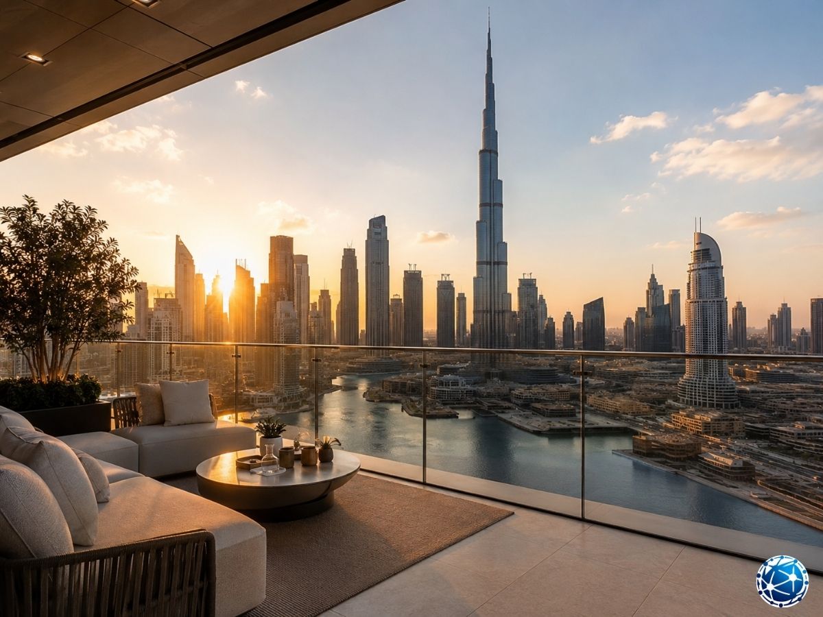Dubai şehir manzarasına sahip lüks konut terasında gayrimenkul yatırım seçeneği