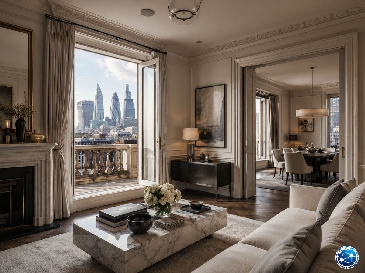 Londra finans merkezine bakan prestijli konutun modern ve klasik iç mekânı