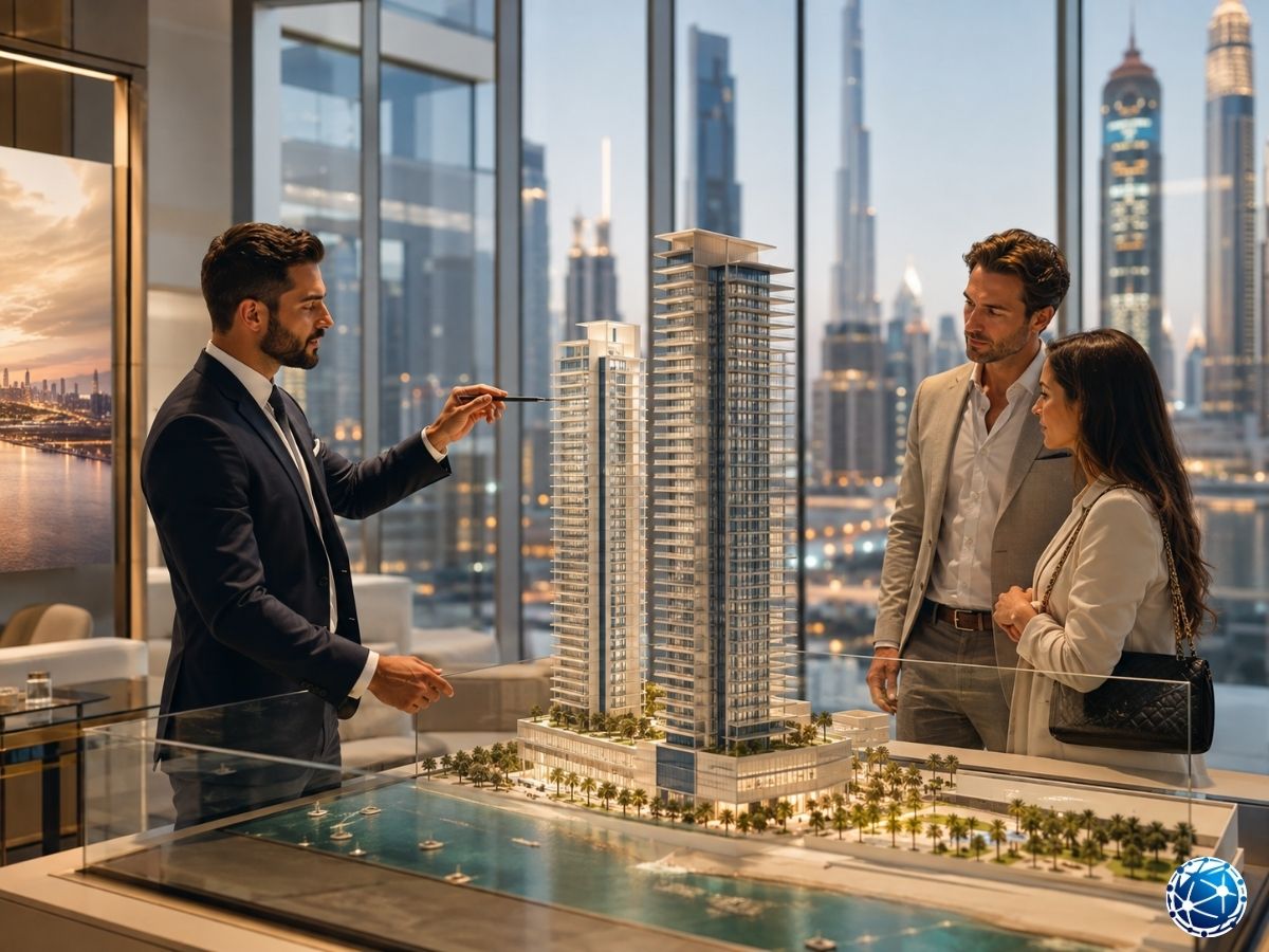 Dubai’de yeni konut projesinin maketini yatırımcılara tanıtan gayrimenkul danışmanı