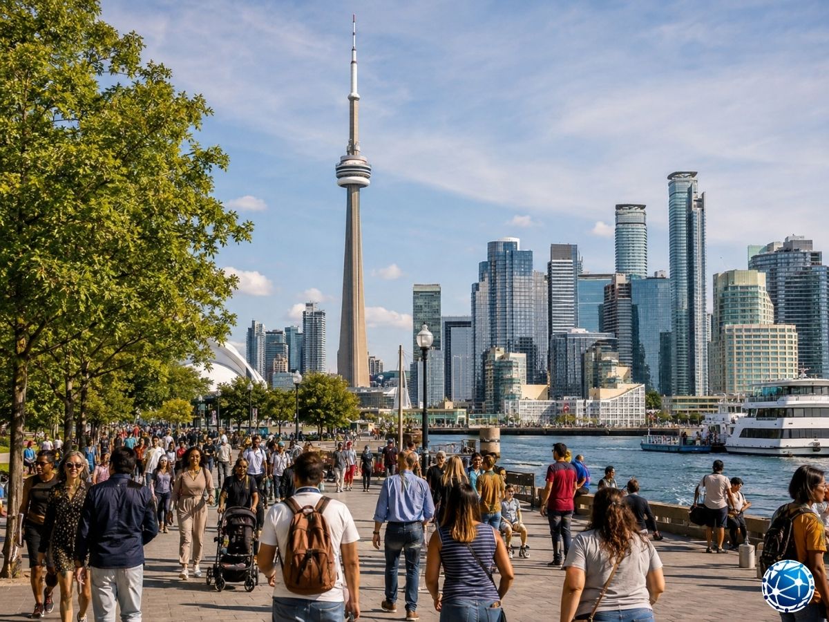 Toronto sahilinde CN Kulesi ve modern şehir yaşamı arasında yürüyen insanlar