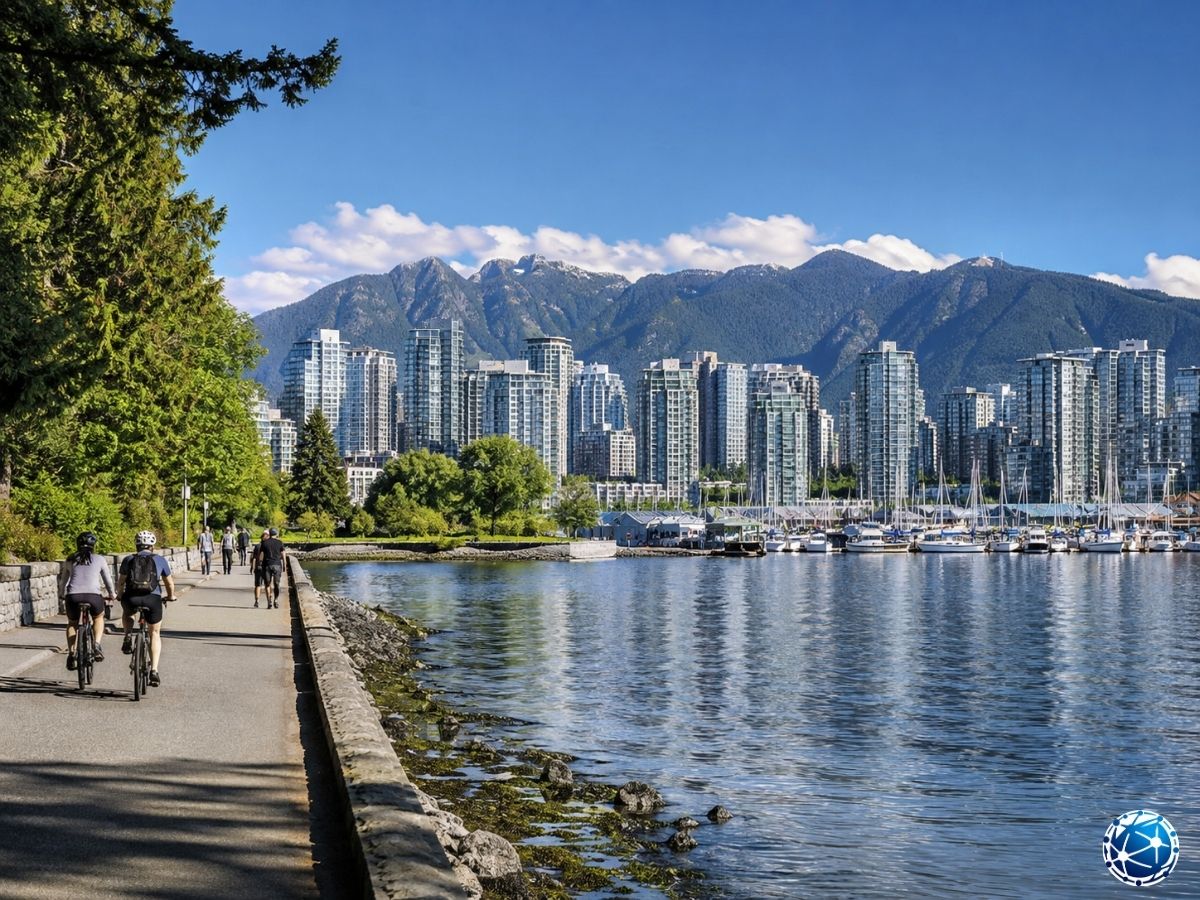 Vancouver sahil yolunda deniz, marina, modern yapılar ve dağ manzarası