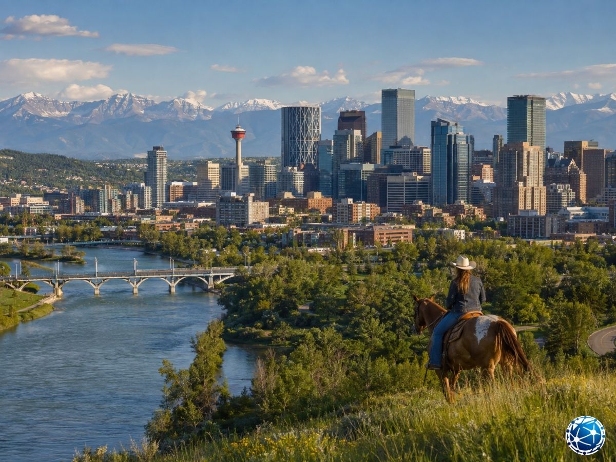 Calgary şehir merkezi, Rocky Dağları ve nehir vadisini izleyen atlı ziyaretçi
