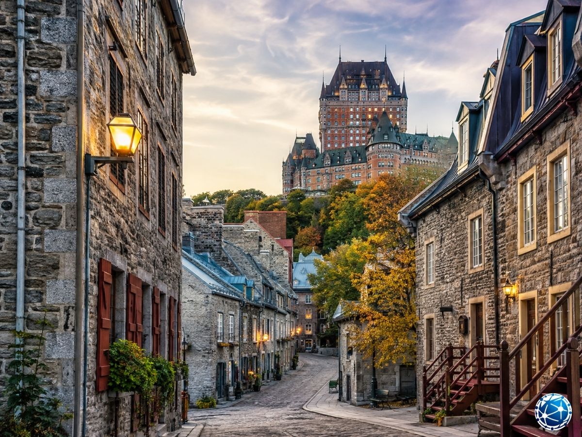 Quebec City’de Château Frontenac’a uzanan tarihî taş sokak ve sonbahar görünümü