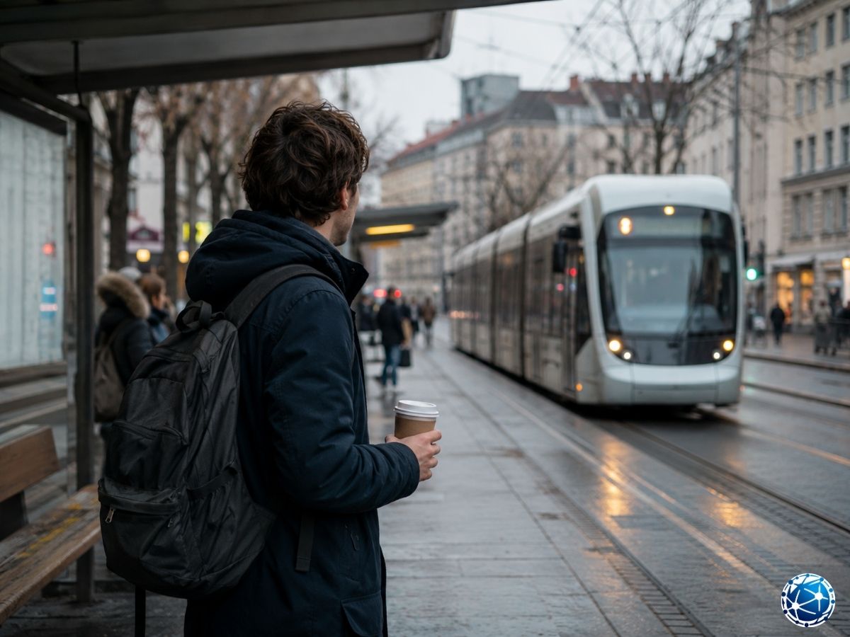 Yağmurlu bir günde Almanya’da tramvay bekleyen sırt çantalı üniversite öğrencisi