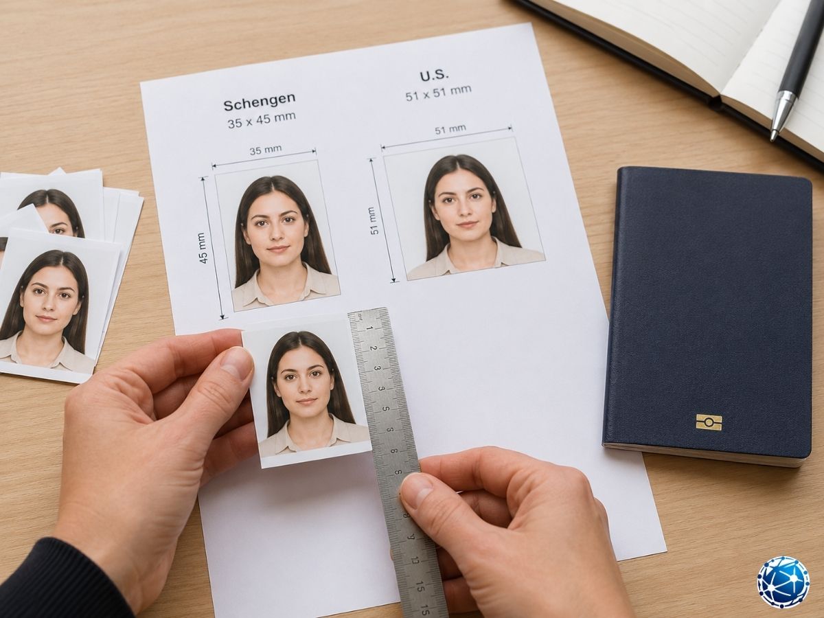 Schengen 35 x 45 mm ve ABD 51 x 51 mm vize fotoğraflarını cetvelle karşılaştıran kişi