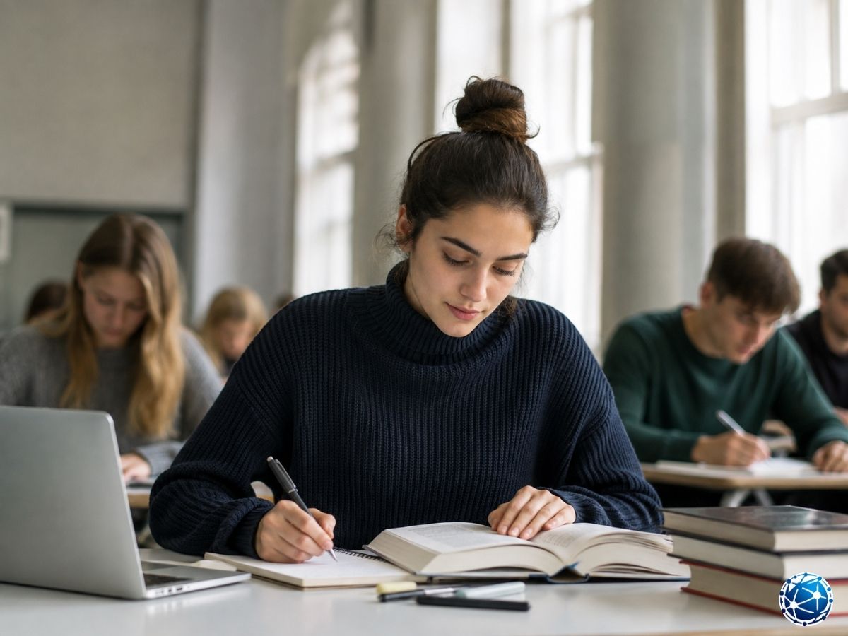Akademik geçiş programına hazırlık için sınıfta not alarak çalışan öğrenci