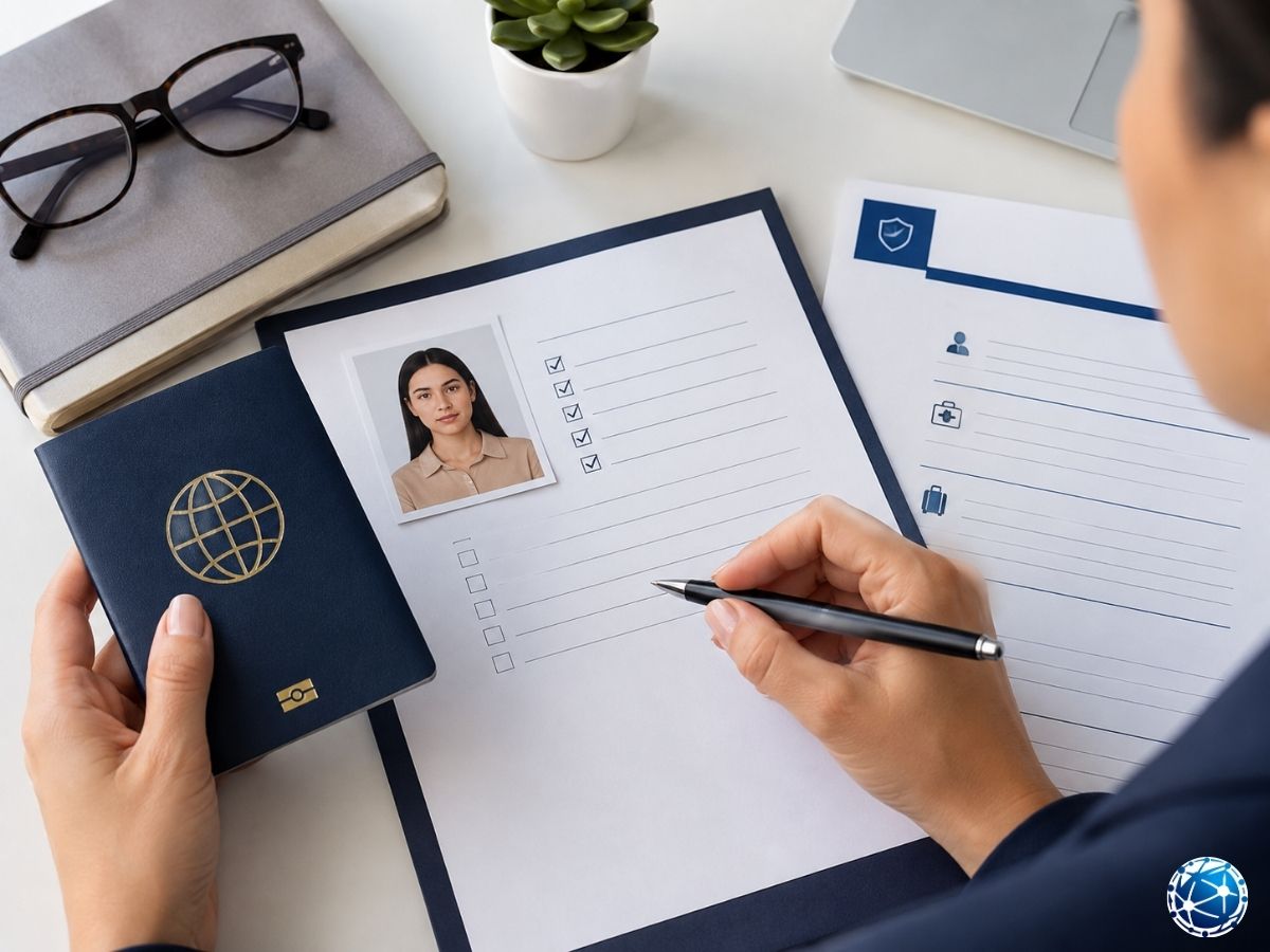 Schengen vizesi için biyometrik fotoğraf, pasaport ve seyahat sağlık sigortasını kontrol eden kişi