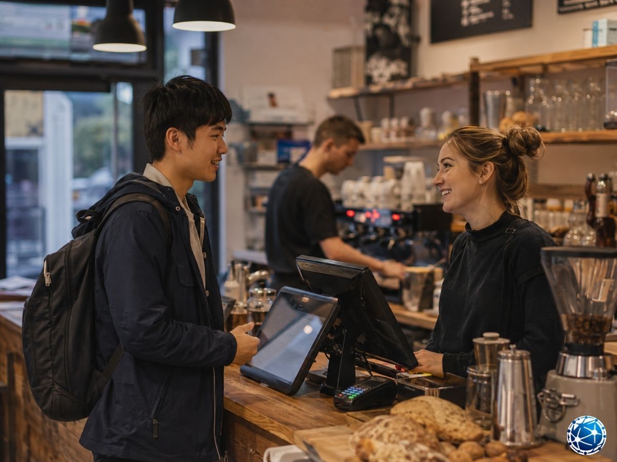 Sıcak ve samimi bir kafede barista ile iletişim kuran öğrenci; günlük hayatta İngilizce pratiğini gösteren sahne.