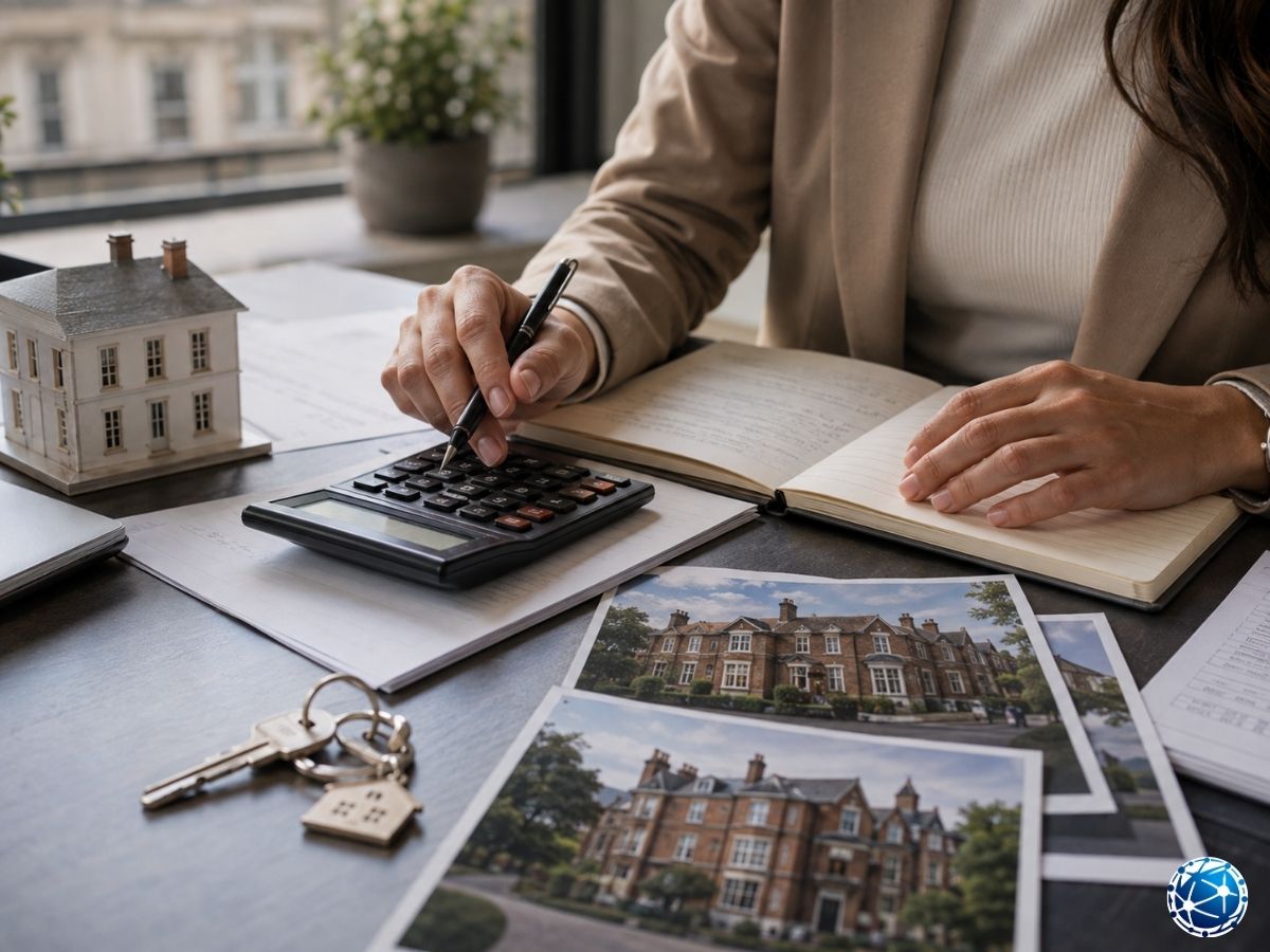Modern bir ofiste mortgage belgelerini inceleyen profesyonelin yer aldığı finans odaklı çalışma sahnesi
