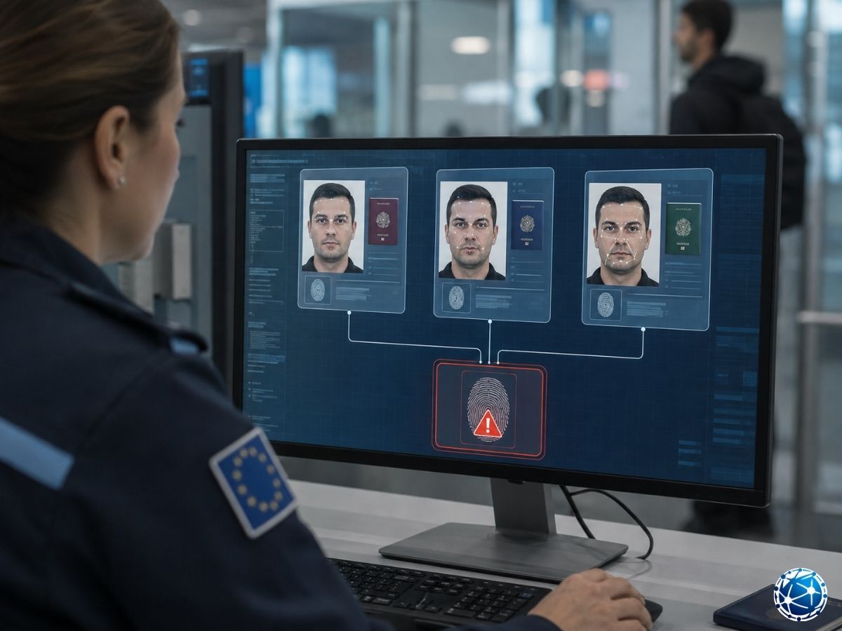 EES biyometrik sistemiyle aynı kişinin farklı kimlik ve pasaport kayıtlarının karşılaştırıldığı sınır kontrol ekranı