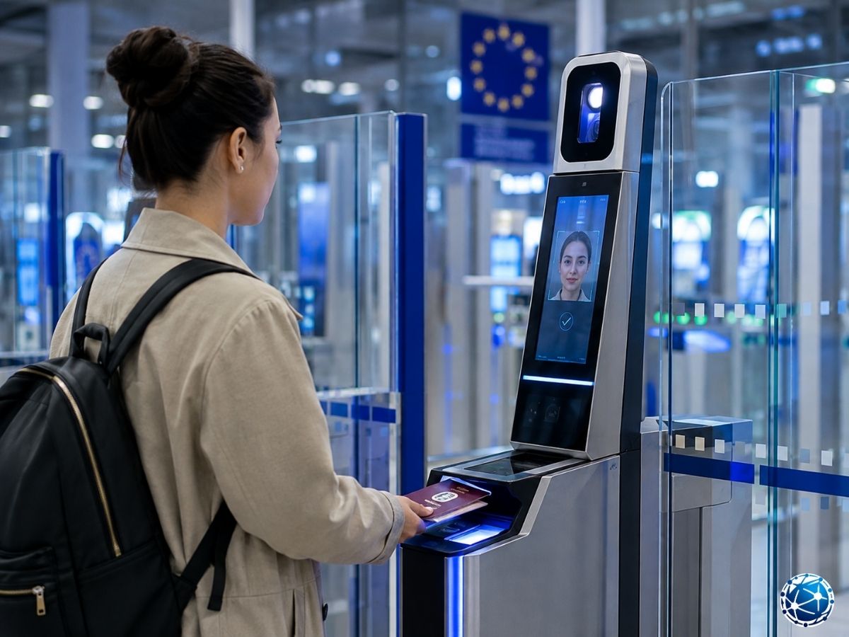 Schengen havalimanında EES yüz tanıma ve elektronik pasaport kontrol noktasını kullanan yolcu