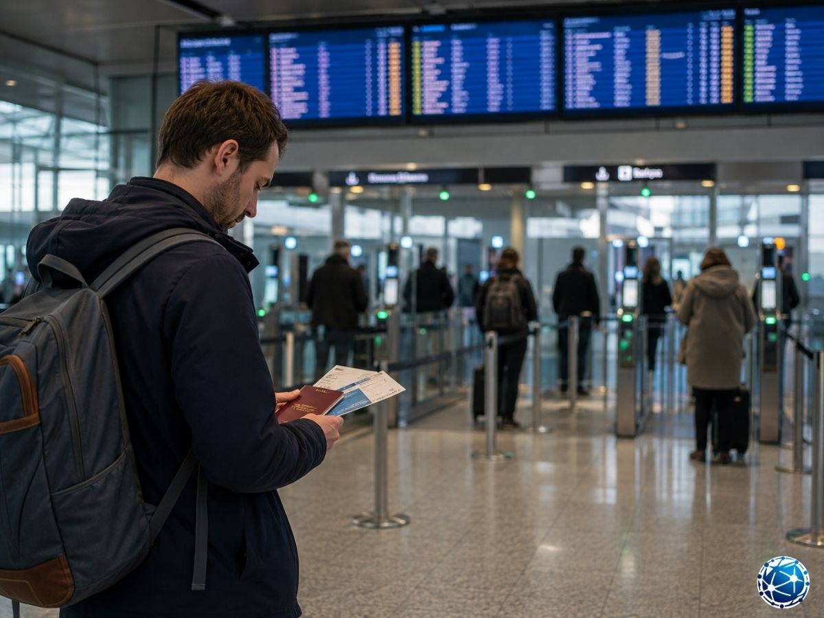 Schengen havalimanında pasaport ve seyahat belgelerini kontrol eden yolcu ile EES sınır geçiş noktası