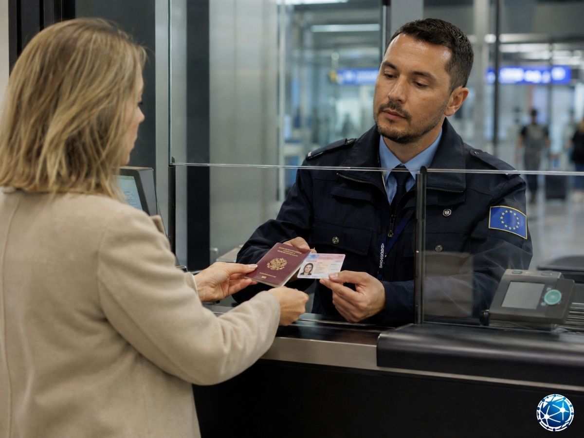 Schengen sınır görevlisinin pasaport ve oturma izni belgelerini birlikte kontrol ettiği EES muafiyet işlemi
