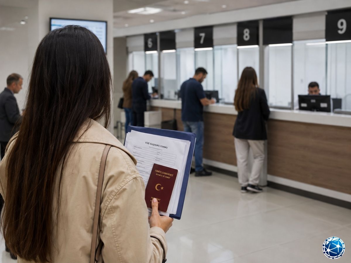 İspanya ulusal vize başvurusu için pasaport ve başvuru belgeleriyle vize merkezinde sıra bekleyen yolcu
