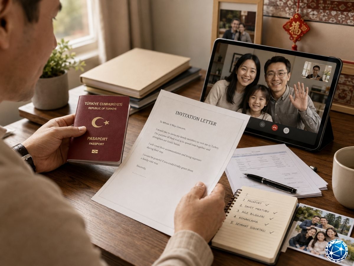 Çin aile ziyareti vizesi için davet mektubu, Türk pasaportu ve aile bilgilerini hazırlayan başvuru sahibi
