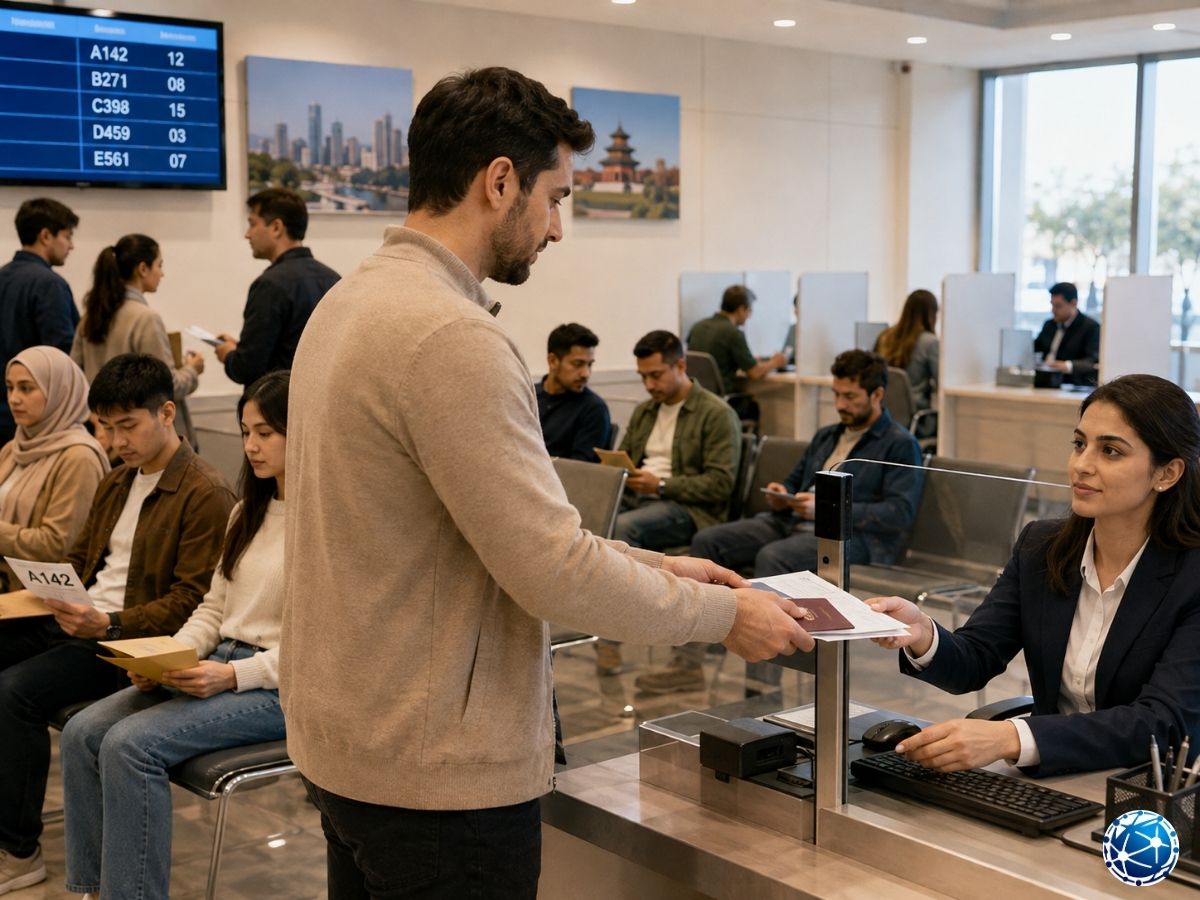Çin vize başvuru merkezinde pasaport ve başvuru dosyasını görevliye teslim eden başvuru sahibi