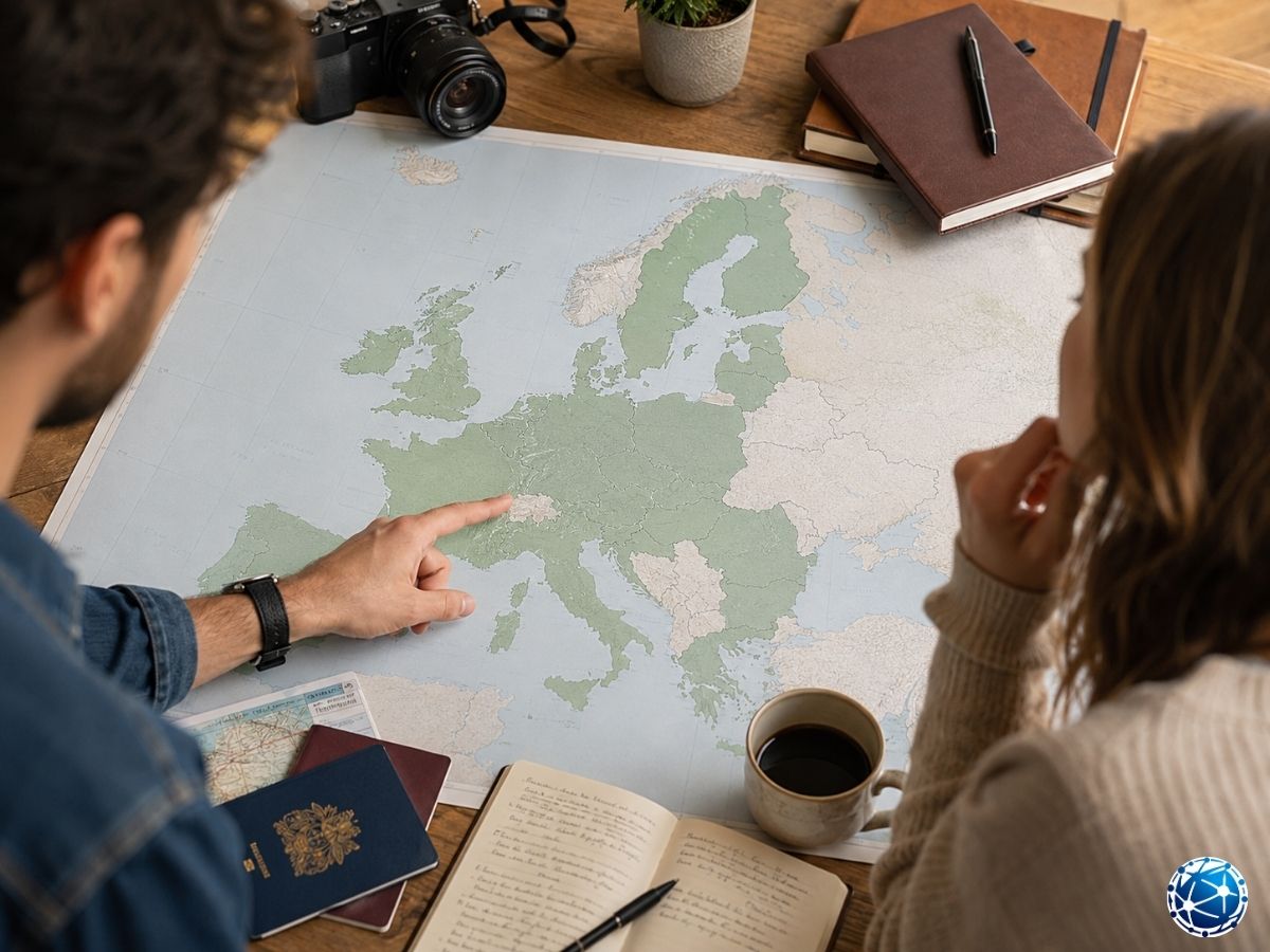 Schengen ülkelerini gösteren Avrupa haritası üzerinde seyahat rotası planlayan yolcular